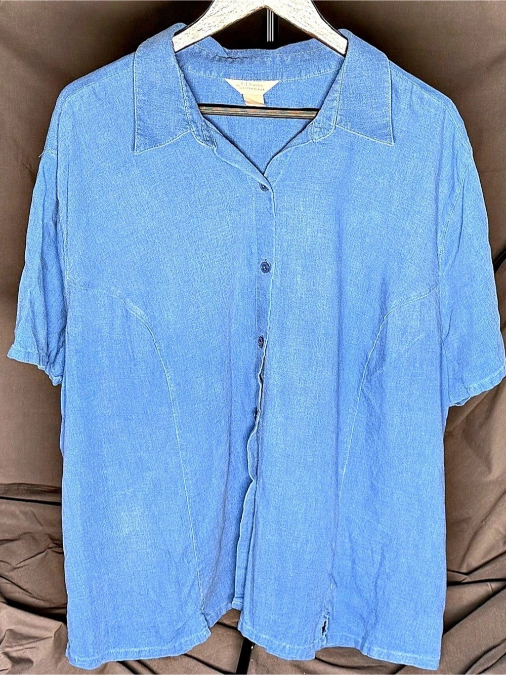 CJ Banks Linen Blend Short Sleeve Button Down Top ~2X-3X Cornflower Blue